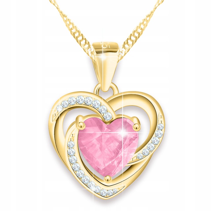 Colier Inima Roz Inima Dubla Cristal Love, Larezo, 100% Argint 925 placat cu aur, Idee de Cadou Perfecta, Ambalat in Cutie Decorativa, Certificat de Autenticitate, 1.8 x 45 cm, Auriu