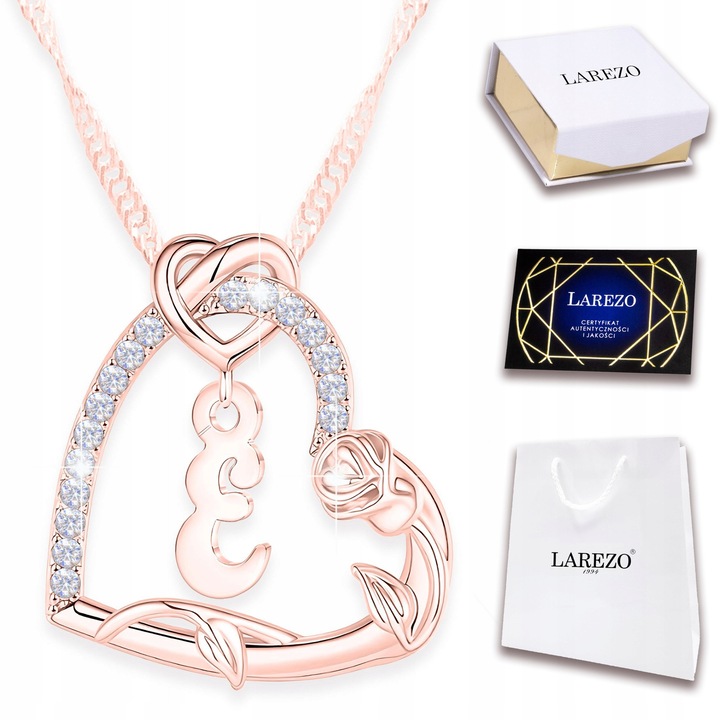 Colier Litera E, Larezo, Argint 925, Aur roz, 42cm+3cm, cu zirconii