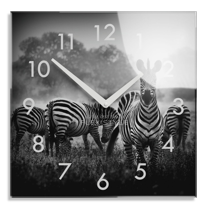 Ceas decorativ din sticla FLEXISTYLE, model Stado Zebre, 30cm, mecanism silentios, cu baterie AA inclusa