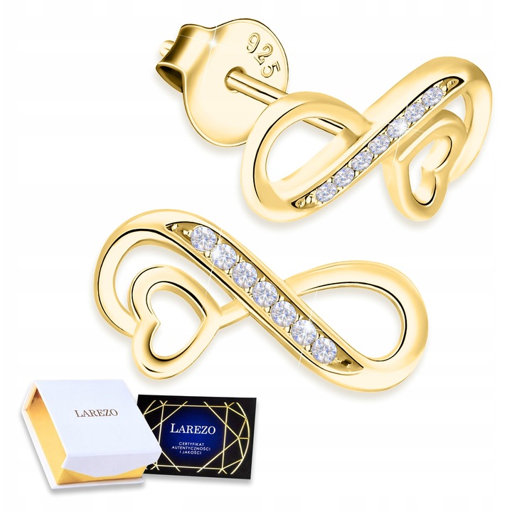 Cercei inima cu semn de infinit, Larezo, argint 925, placare cu aur 585, zirconii, 6x14mm, set complet cu cutie si certificat de calitate