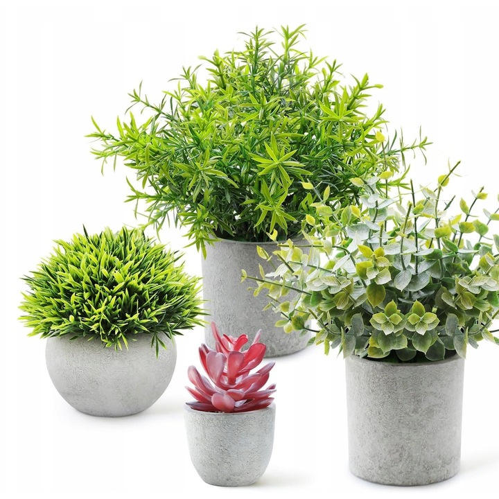 Set plante artificiale in ghivece, eucalipt, rozmarin, suculete, 4 bucati, gri, 26x7,5cm