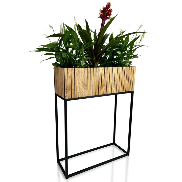 Ghiveci loft FIORINO, 62x22x80 cm, metalic, lemn natural, set