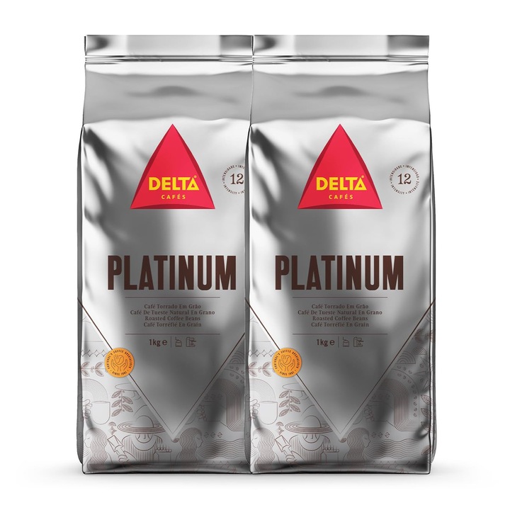 Cafea boabe Delta Cafes Platinum, 2 x 1 Kg, intensitate 12, aromat, amestec de Arabica