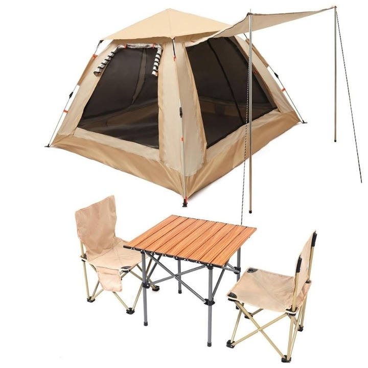Set de camping Belle Vous, cort pentru 3-4 persoane, 195 x 195 x 135 cm, masa si 2 scaune pliabile, 4 piese, impermeabil, ideal pentru drumetii/pescuit, usor de montat, Maro