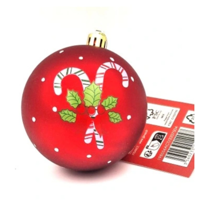 Glob de Crăciun roșu cu bastoane de bomboane, decor tradițional, 8cm, detalii albe