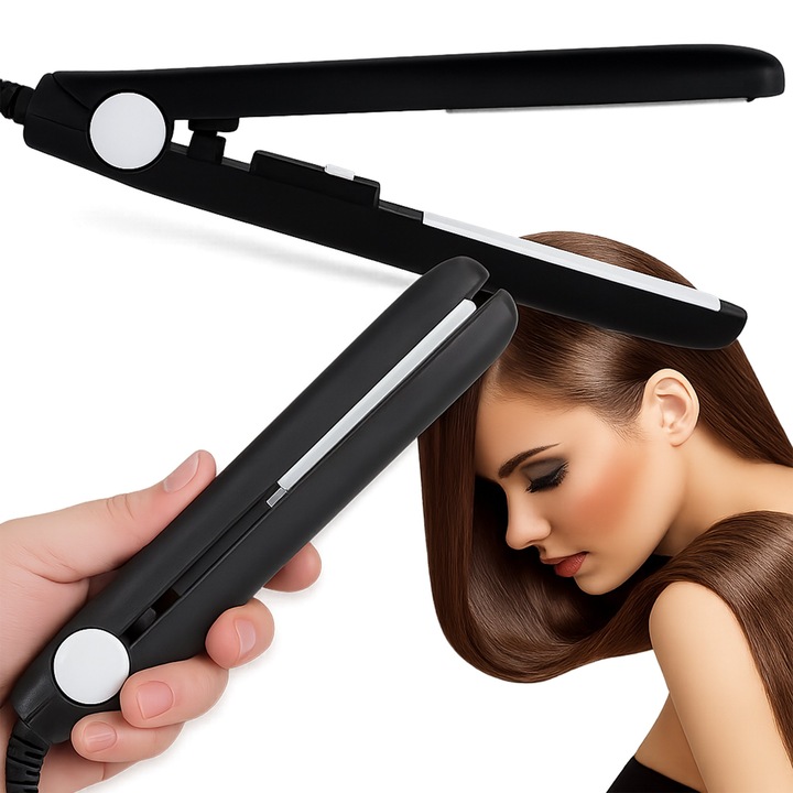 Мини преса за коса ПридаСе, компактна, бърза, черна, 17,5 см