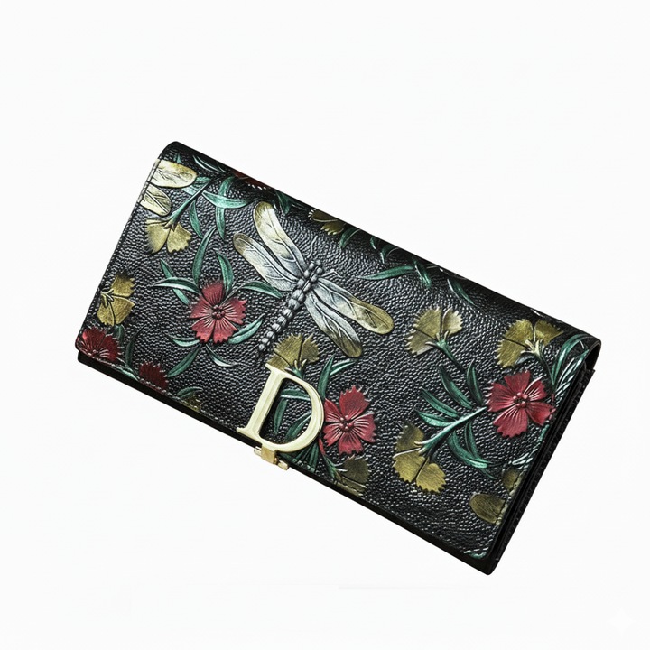 Portofel Dama Clavi, Piele Naturala, Imprimare 3D Libelula, Multicolor, 19x9.5x2.5 cm