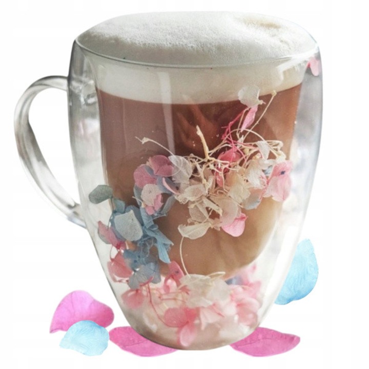 Pahar termic Ecarla, 300 ml, fara culoare, cu motiv hortensii, dublu fund