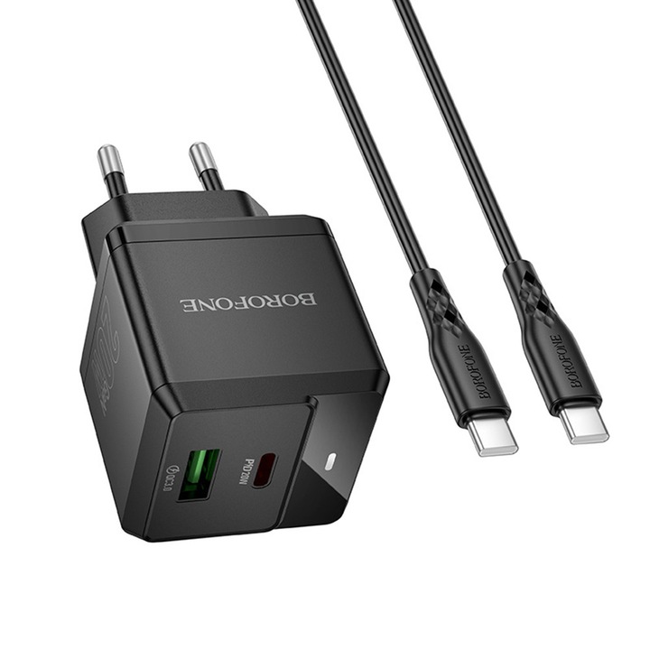 Fali töltő, USB + Type-C, PD20W, QC3.0, 5V/3A + USB-C kábel - Borofone Intenso (BN19) - Fekete