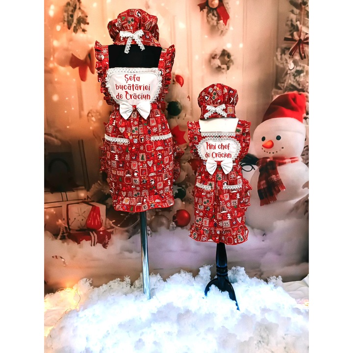 Set sorturi bucatarie Craciun mama-fiica cu bonete, 4 piese, personalizate