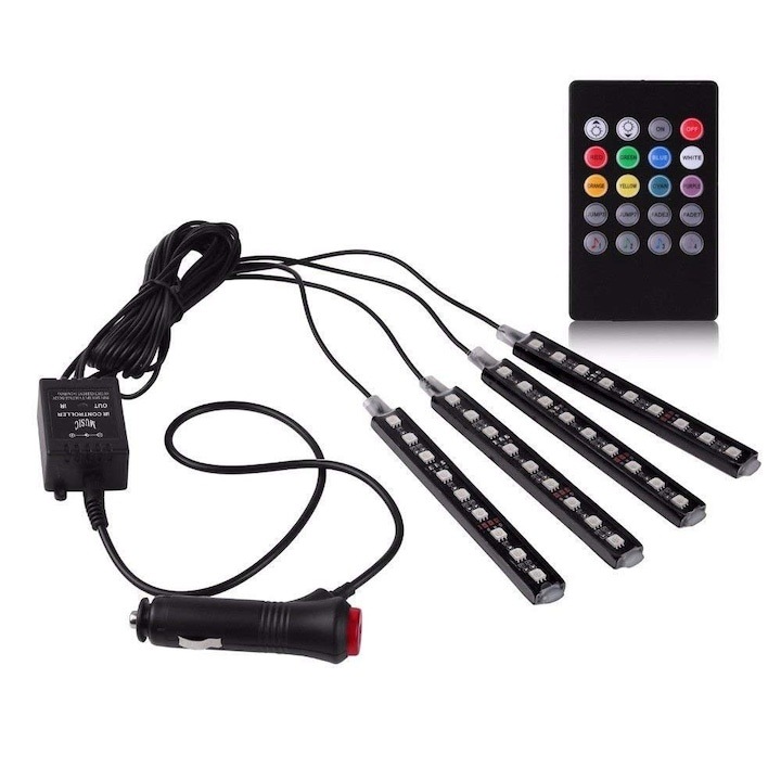Set 4 benzi LED RGB pentru interior auto, cu 9 LED-uri pe fiecare banda, telecomanda inclusa, rezistente la apa, plastic si silicon, negre