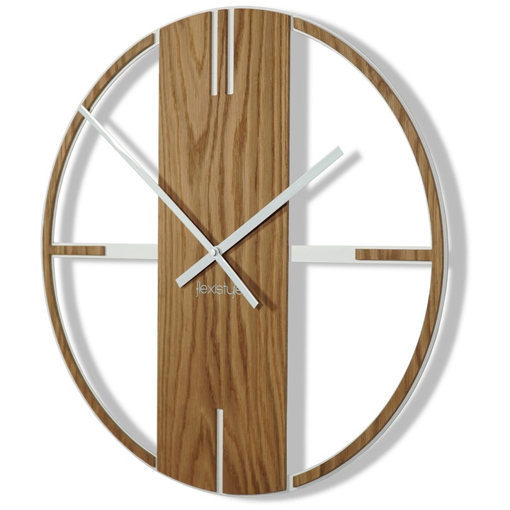 Dekoratív óra, egyedi, fém, 50 cm, fehér és természetes tölgy, AA elemmel