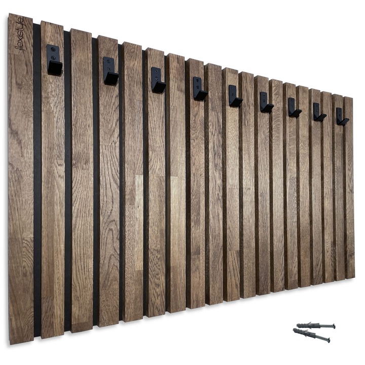 Cuier de perete FLEXISTYLE 100cm, lemn de stejar, 9 suporturi metalice, culoare brown, dimensiuni 100x60x2,6cm