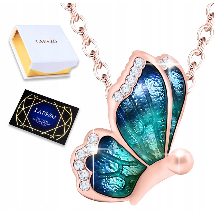 Colier, Larezo, Argint 925, Acoperire Aur Roz, 42cm, Model fluture, Roz / Albastru-Verzui