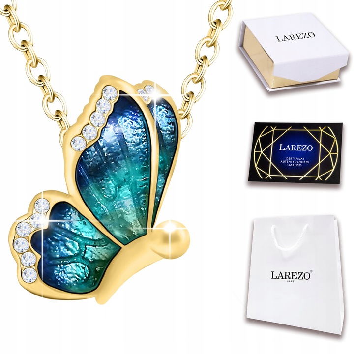 Colier, Larezo, Argint 925, Aur 585, Zirconiu, 42x3cm, Auriu / Albastru-Verzui