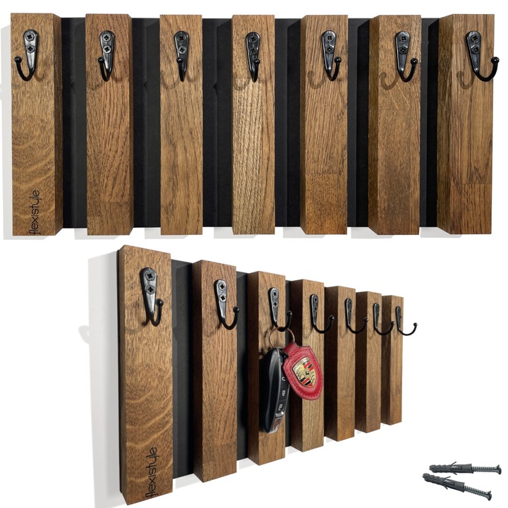 Suport chei din lemn, FLEXISTYLE, 40cm, cu 3 carlige metalice, maro