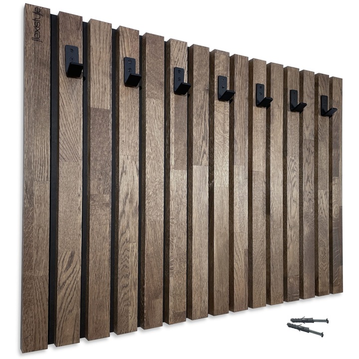 Cuier din lemn, FLEXISTYLE, 80cm, 7 suporturi metalice, 60cm inaltime, lemn de stejar