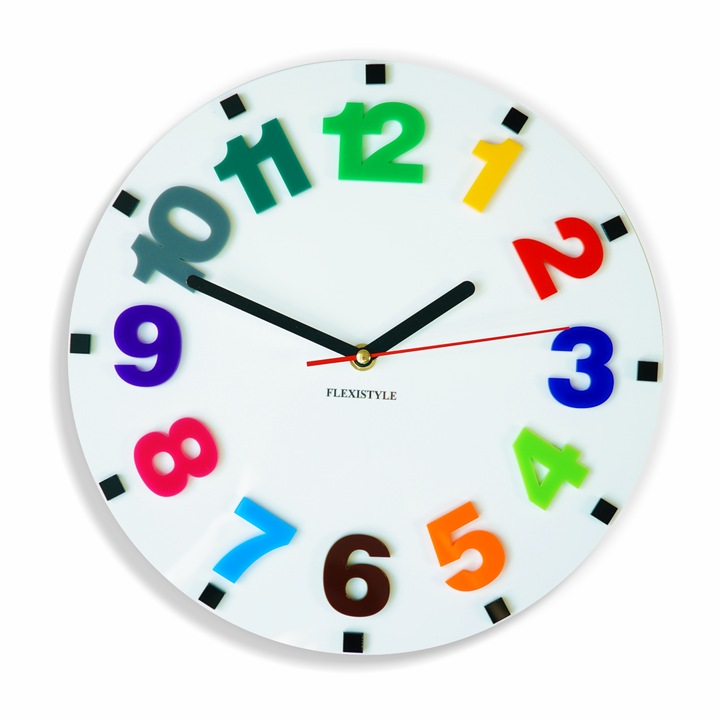 Gyermek dekoratív óra számokkal, FLEXISTYLE, 30cm, többszínű, plexi, csendes mechanizmus