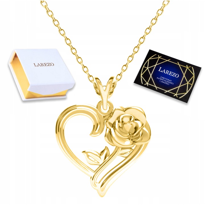 Colier, Larezo, Argint 925 cu invelis de aur 585, motiv inima cu trandafir, 42 cm, Auriu