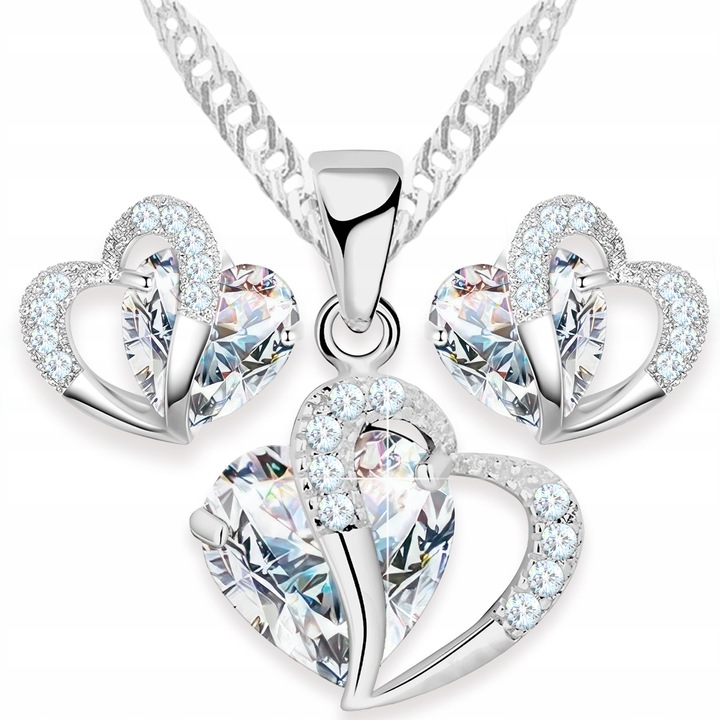 Set bijuterii, Larezo, Colier si cercei, cristale, inima, 42cm, Argint 925, Argintiu
