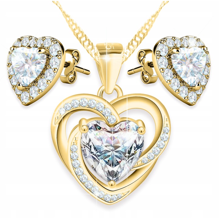 Set bijuterii, Larezo, Lant si cercei, Argint 925, cristale, 42cm, Auriu