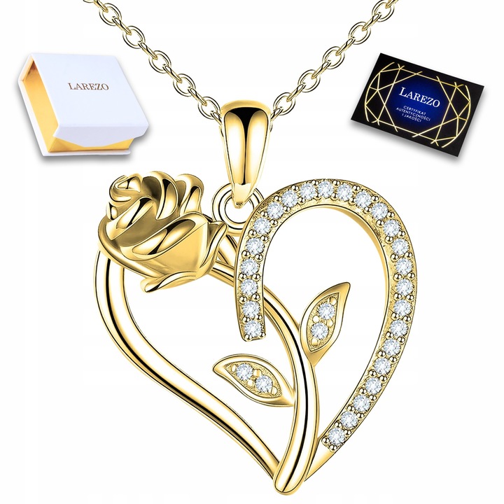 Colier, Larezo, Forma de inima cu zirconiu, Argint 925, placat cu aur, 42cm + 3cm, Auriu