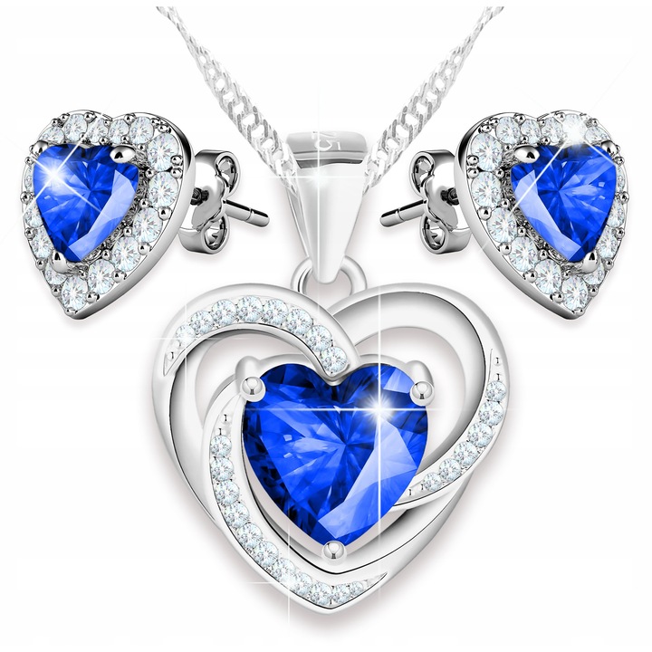 Set bijuterii, Larezo, Lant si cercei, cristale, Argint 925, 42 cm, Argintiu / Albastru