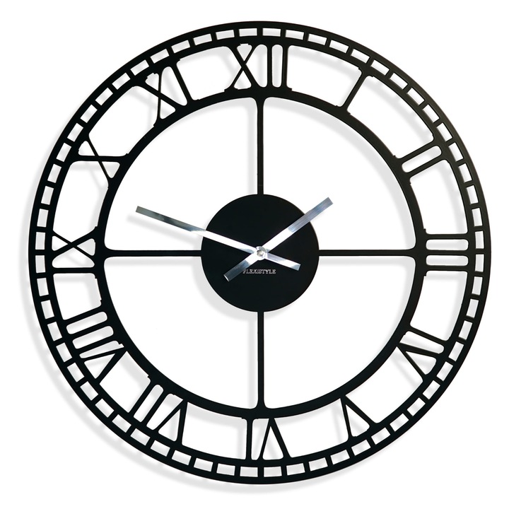 FLEXISTYLE retro dekoratív fém falióra, fekete, 50 cm, klasszikus dizájn, nagyon csendes mechanizmus, AA elemmel