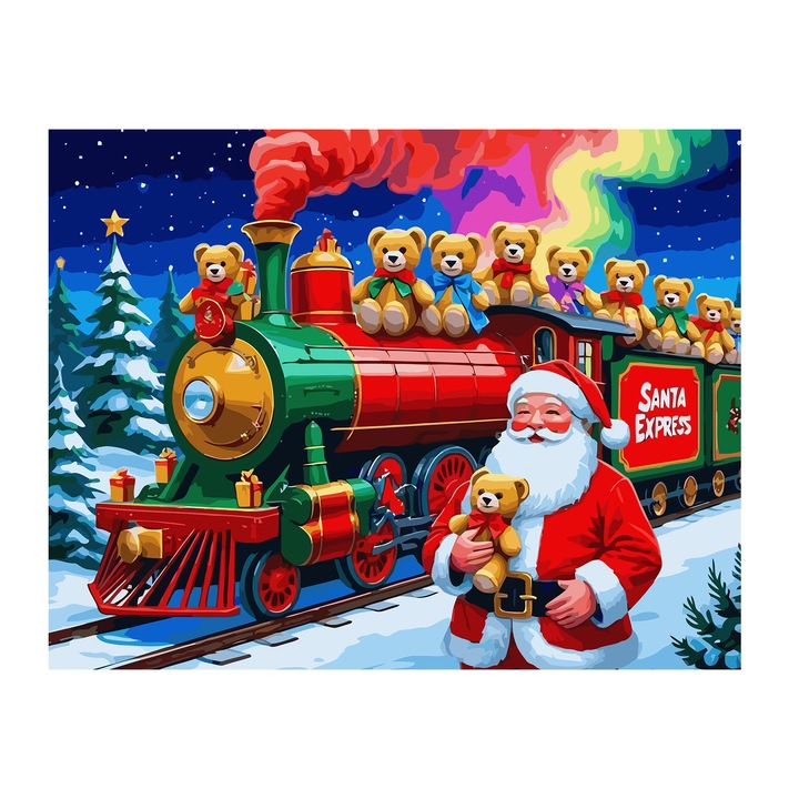 Set pictura pe numere Sania lui Mos Craciun 6159, panza bumbac pe rama lemn, 40x50 cm, tablou cu schita, 3 pensule si vopsea acrilica