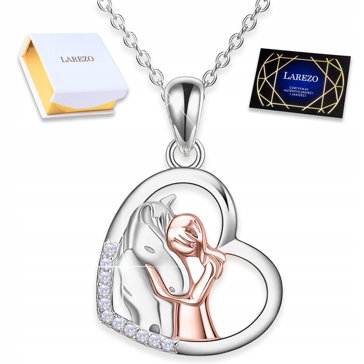 Colier argint 925, Larezo, fetita cu calut, cristale zirconiu, 42cm + 3cm, Argintiu / Roz