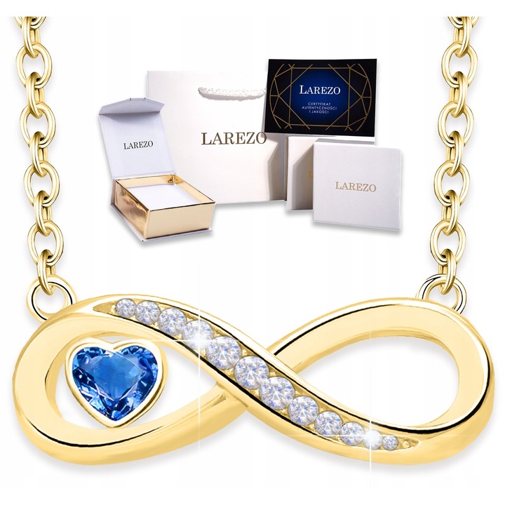 Colier, Larezo, Argint 925 cu aur 585, design inima si infinit, 42cm + 3cm, Auriu / Albastru