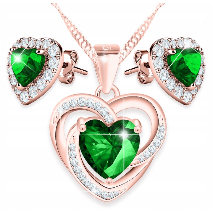 Set bijuterii, Larezo, lant si cercei, inima, argint 925, cristale, roz aurit / verde, 42cm