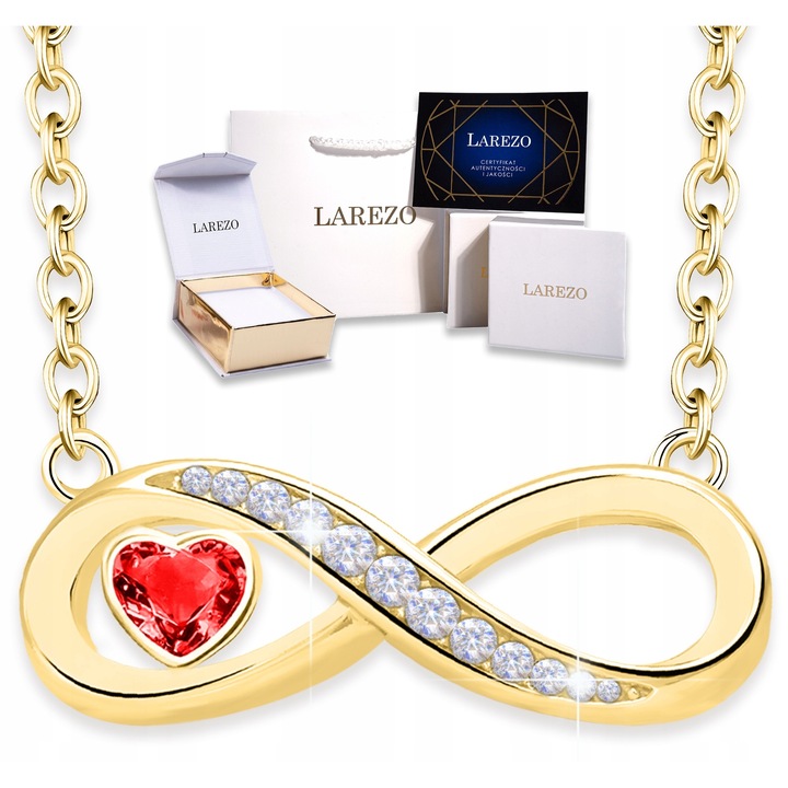 Colier, Larezo, Argint 925 cu inifinit, detalii din aur 585, cristale zirconiu, 42cm + 3cm, Auriu / Rosu