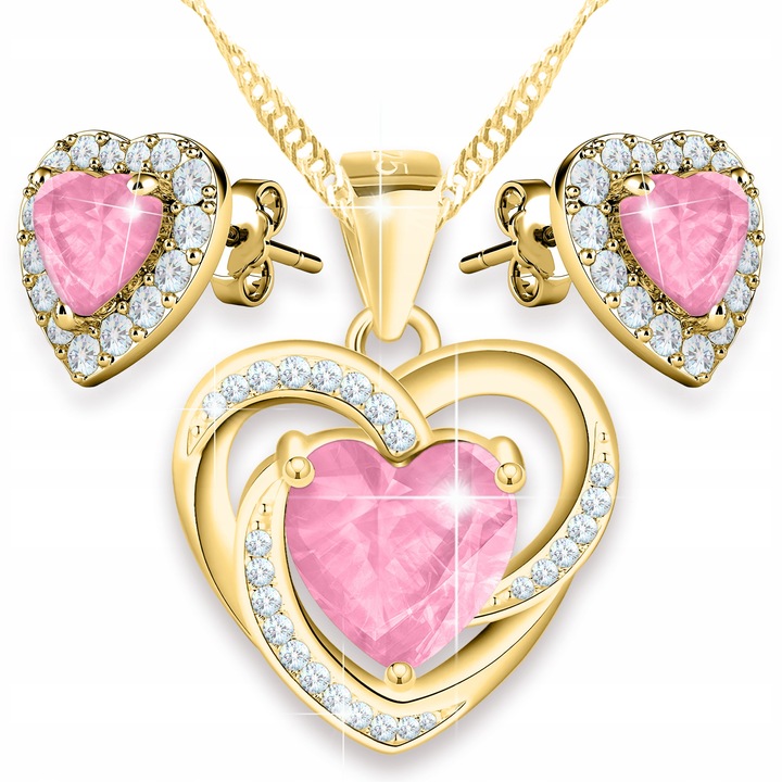 Set bijuterii, Larezo, lant si cercei, Argint 925, cristale, 42cm, inima, Auriu / Roz