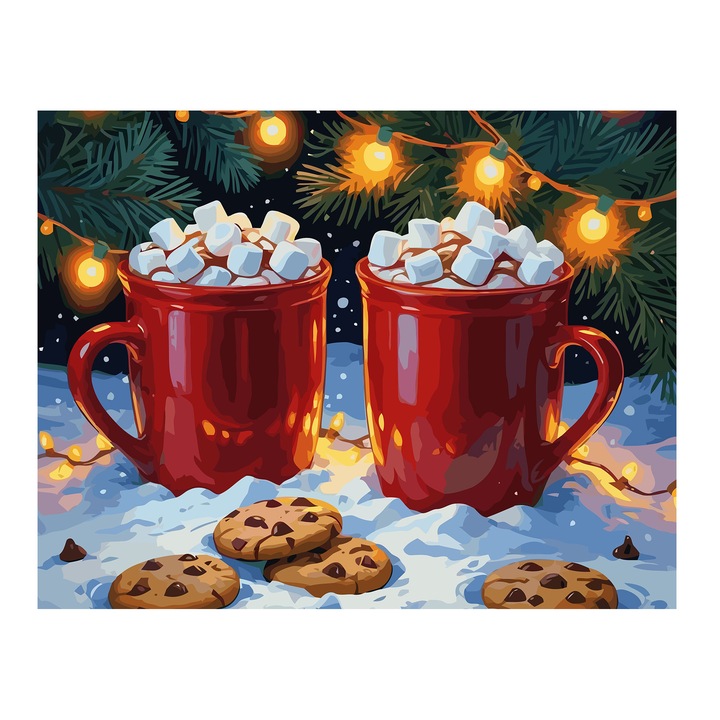 Set pictura pe numere Bautura calda de iarna 6162, panza bumbac pe rama lemn, 40x50 cm, tablou cu schita, 3 pensule si vopsea acrilica