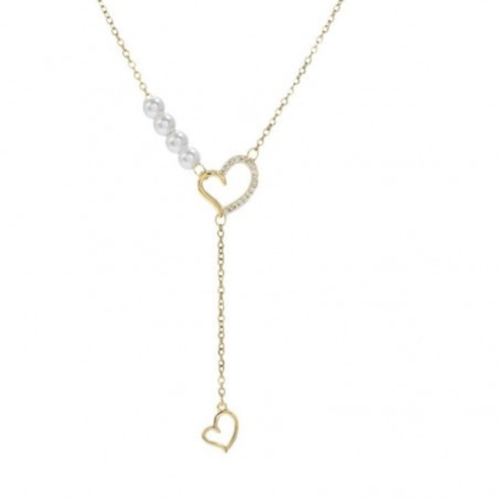 Colier dama, Ecarla, inox placat cu aur, perle delicate, motiv inima, multicolor