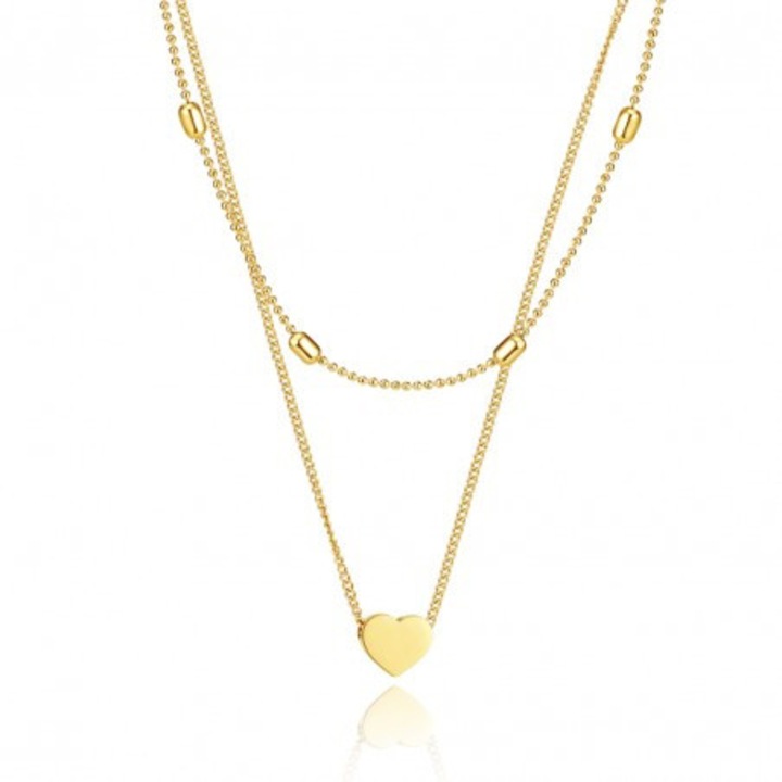Colier dublu Ecarla din inox placat cu aur, motiv inima, 2 elemente