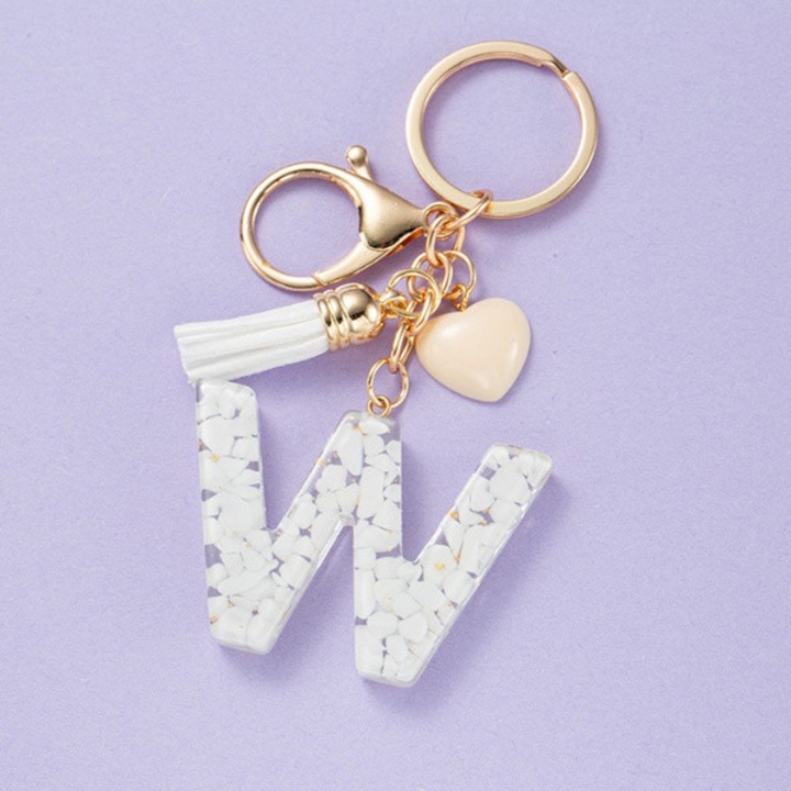Breloc pentru chei Ecarla, litera W, alb, forma inima