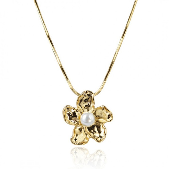 Colier Ecarla din inox placat cu aur, motiv floare cu perla, elegant, 30cm
