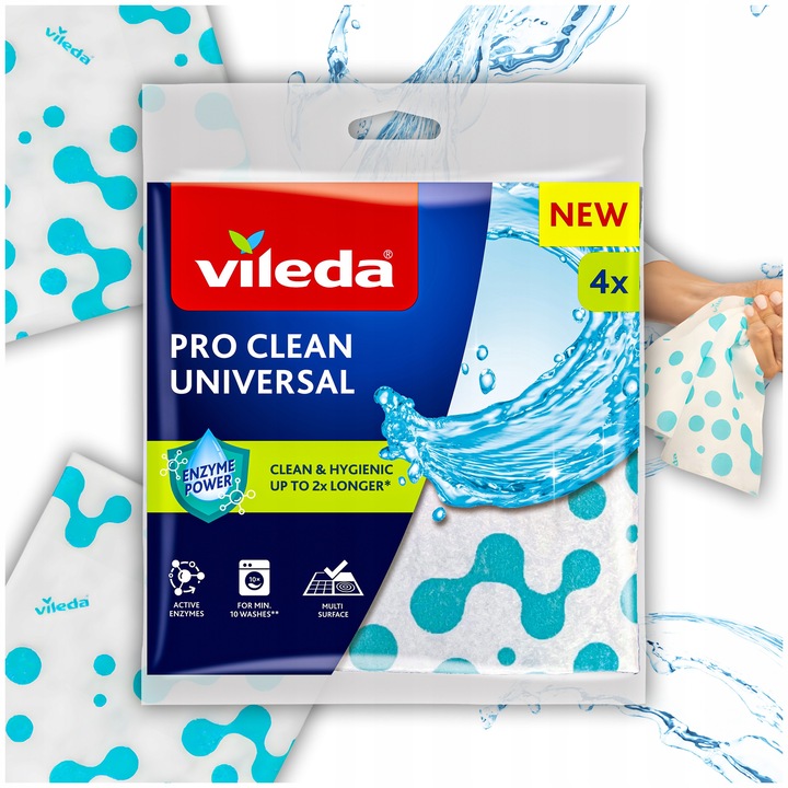 Vileda Pro Clean enzimes univerzális törlőkendő, 4 db-os készlet, 34x32cm, türkiz