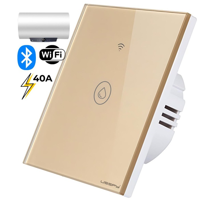 Intelligens érintőkapcsoló bojlerhez 40A, USSPY®, okosotthon, Wifi, 1 csatorna, edzett üveg, Tuya, Smart Life kompatibilis, arany