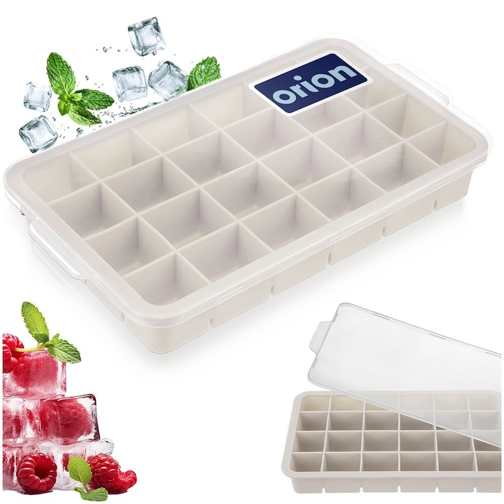 Forma Pentru Cuburi De Gheata, Orion, 24 Cuburi De Gheata, 22.5x13x3 cm, Fabricata Din Cauciuc Termoplastic, Cu Capac, Potrivita Pentru Spalare In Masina De Spalat Vase, Pregateste 24 Cuburi De Gheata, Bej