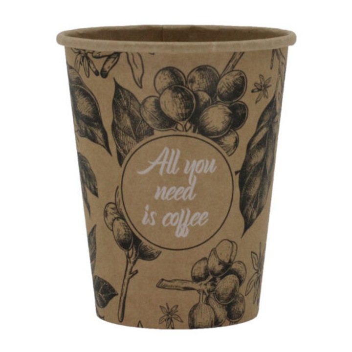Set 50 pahare din hartie kraft All You Need is Coffee, 350 ml, KRAM