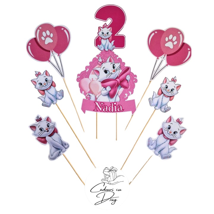 Topper din carton pentru tort – Set decor aniversar cu nume si varsta, tematica pisicuta Marie, pisicutele aristocrate, handmade
