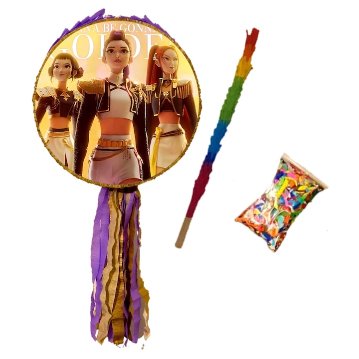 Pinata PinaStar, Golden Model Huntrix, K Pop, Demon Hunters, 60x33cm, set cu bat din lemn si confetti multicolor, capacitate 8-10 litri