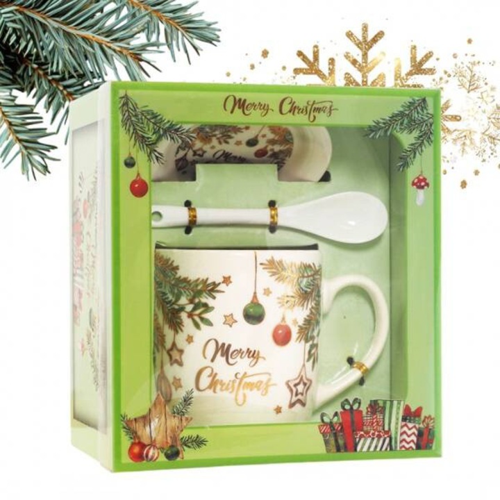 Set cana festiva Ecarla, 400ml, ceramica, cu farfurie si lingurita, design clasic