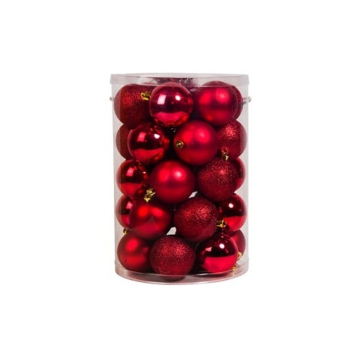 Set 30 globuri de Craciun rosii, mix mat, stralucitor si cu sclipici Ø7 cm – decor festiv cu sireturi aurii