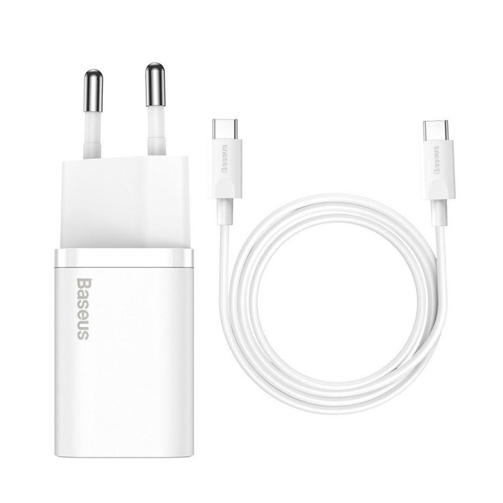 Incarcator retea Baseus Super Si Quick Charger 25W USB-C, alb, cu cablu USB-C 1m