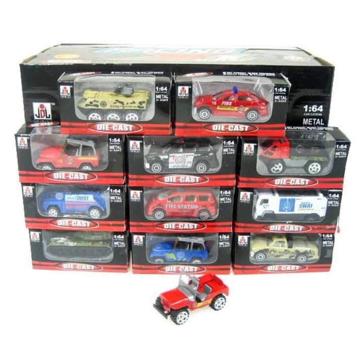 Комплект метални колички 1:64, HIPO, микс модели, 7см, 12 броя