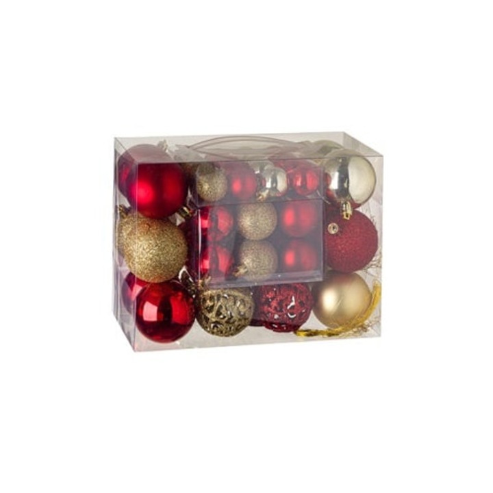 Set 50 Globuri Crăciun Aurii și Roșii, Dimensiuni 3x4x6 cm, Finisaje Mat, Strălucitor și Cu Sclipici
